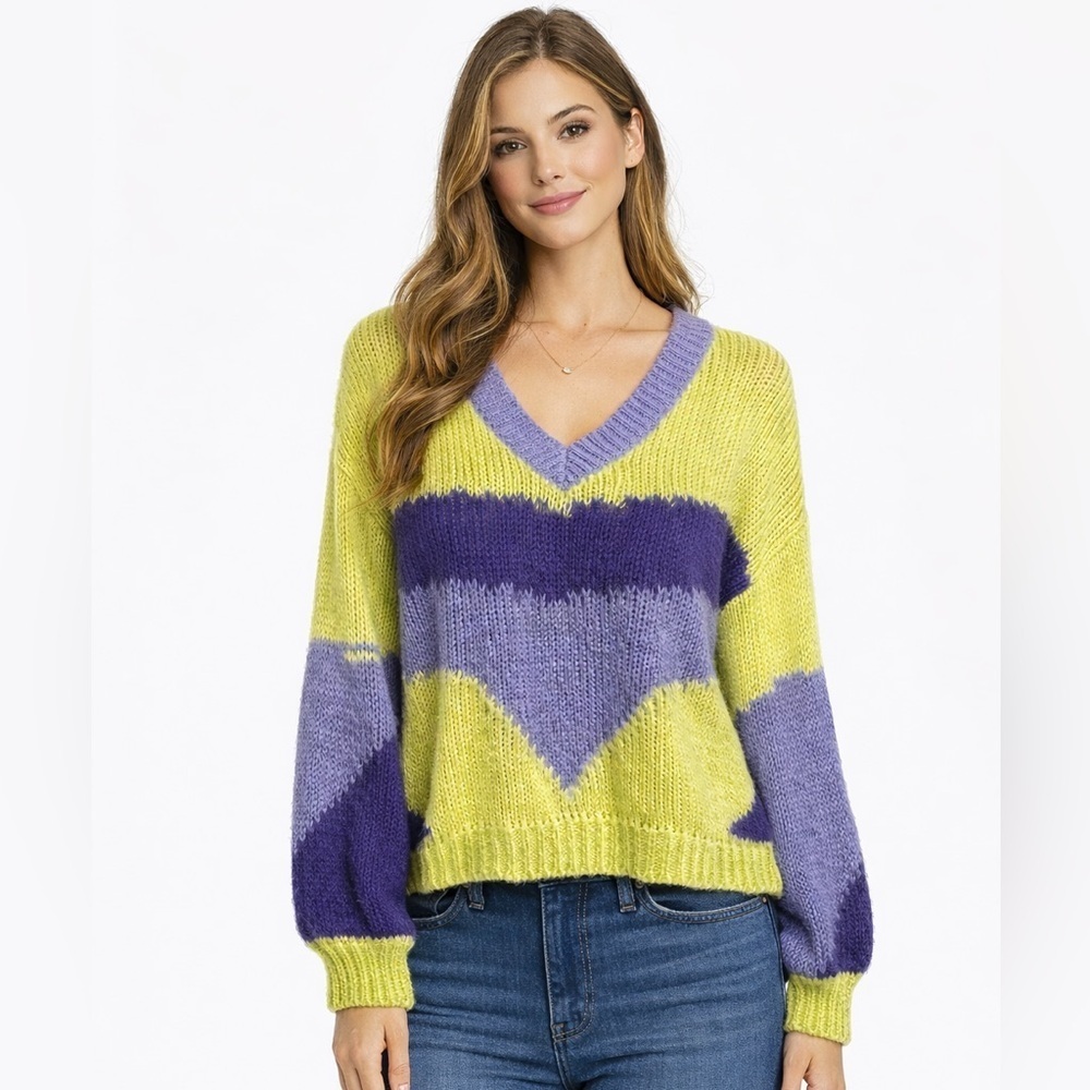 Lili Sidonio Oversized Chunky Colorblock V Neck Sweater Small